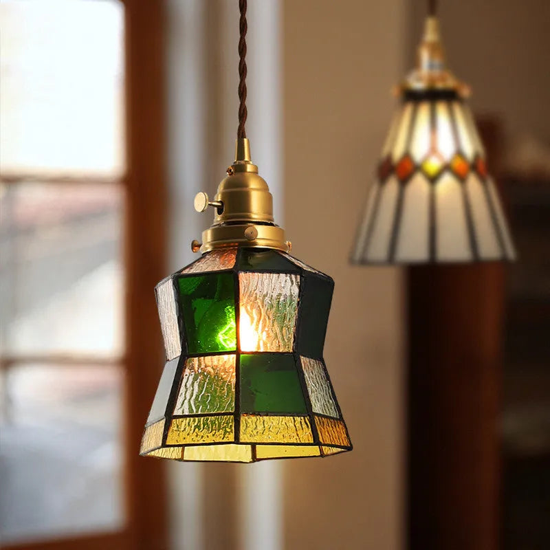 Japanese retro brass and glass ceiling chandelier with walnut wood and long hemp rope pendant cord.