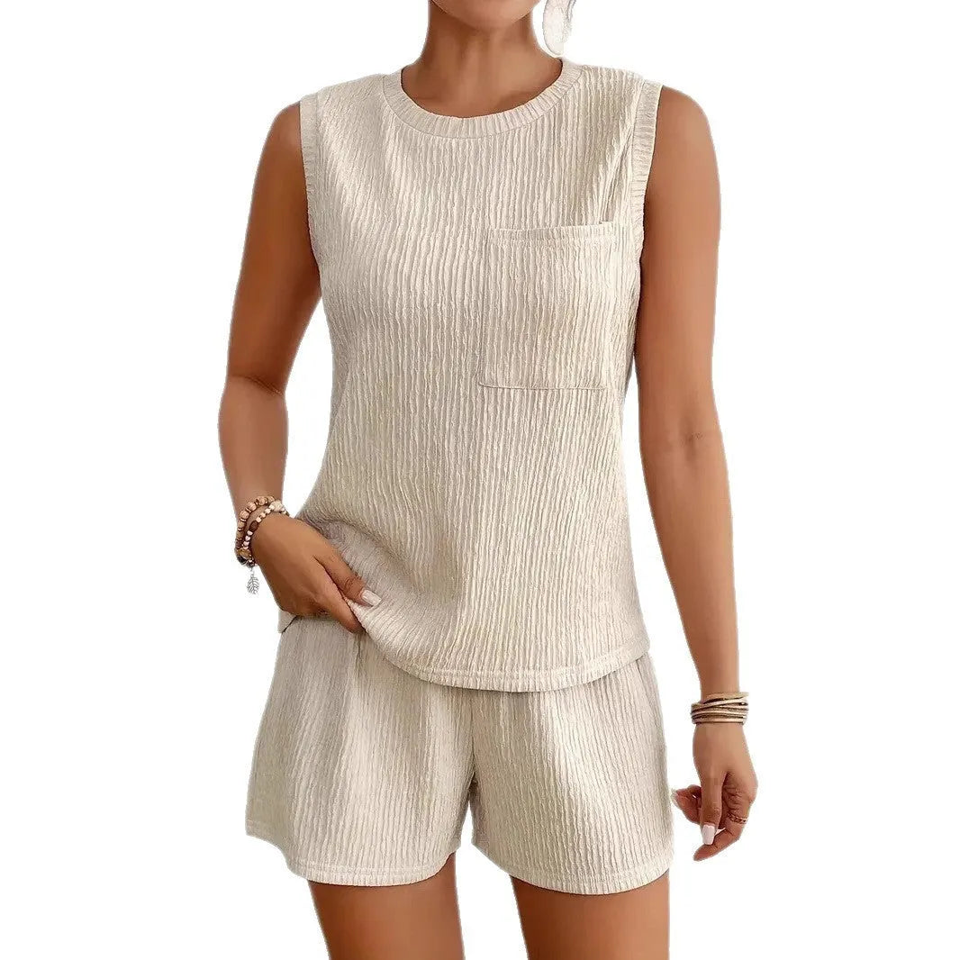Women's apricot polyester sleeveless vest and shorts set with round neck design