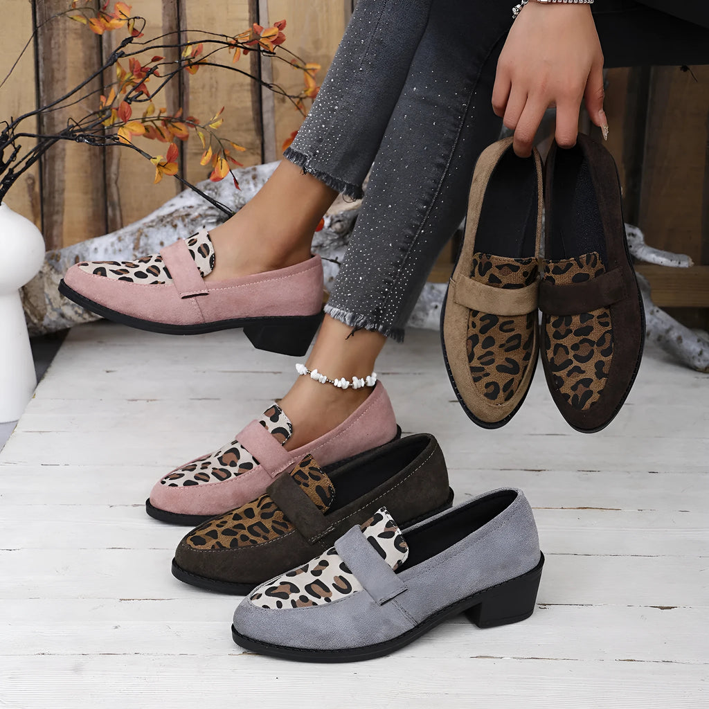Leopard print suede casual pumps with chunky heel and pointed toe in three colour options