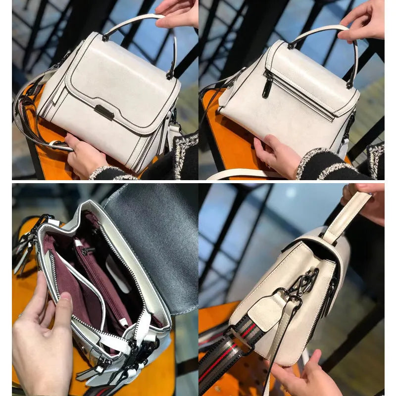 Women's genuine leather messenger bag in retro styling with multiple internal compartments