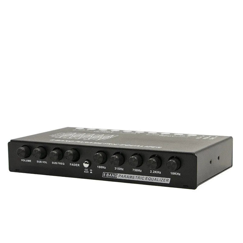 Black car audio EQ amplifier with control panel showing frequency knobs and channel indicators