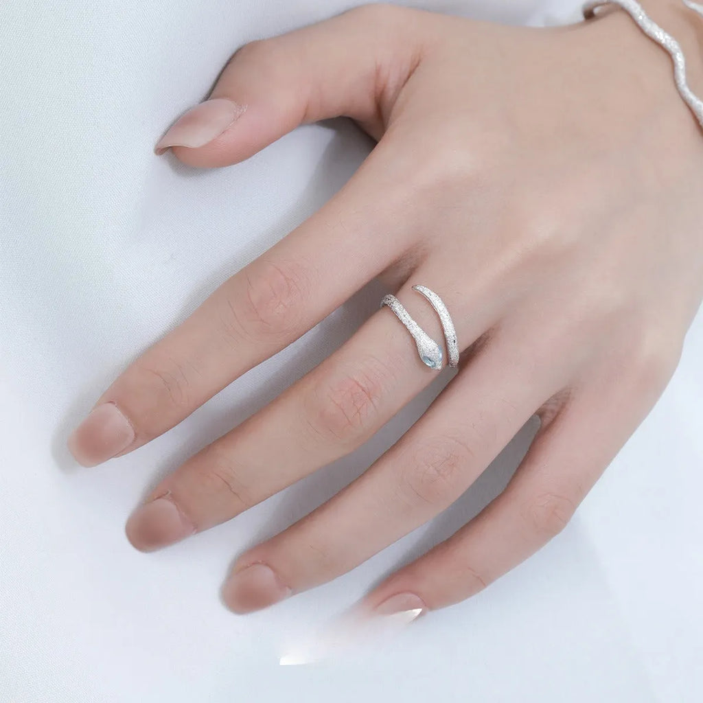 Adjustable snake ring with electroplated white gold colour finish and zodiac design