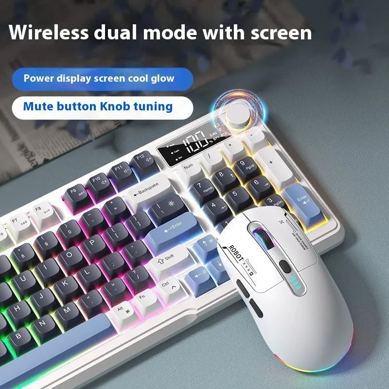 Wireless blue and white mechanical-feel keyboard and mouse on a desk with Type-C cable.