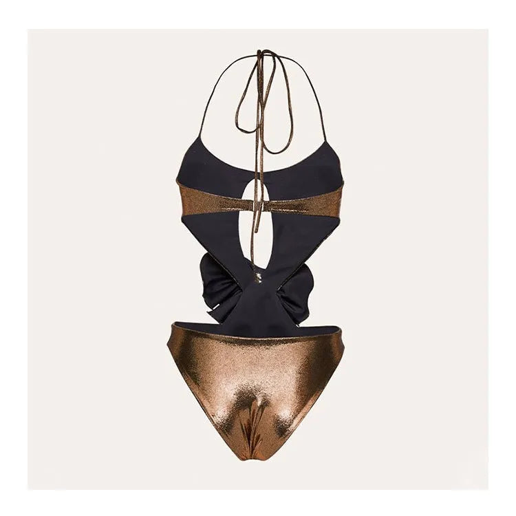 Gold handmade halter one-piece swimsuit with hollow-out detail on the front.