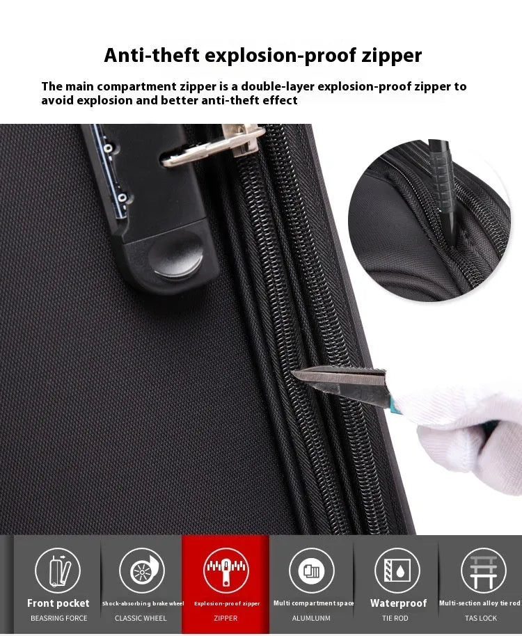 Black 18-inch Oxford cloth cabin suitcase with telescopic handle and universal wheels.