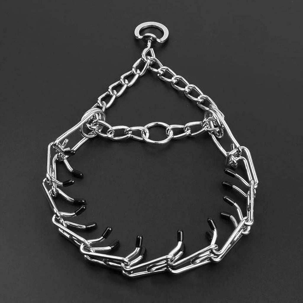 Stainless steel dog training pinch collar with rubber-tipped prongs and adjustable chain links