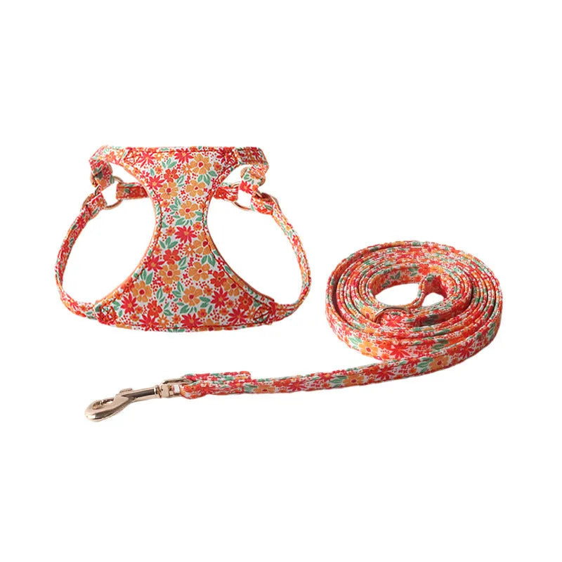 Floral pattern cloth pet harness with leash in orange colour showing single chest back design