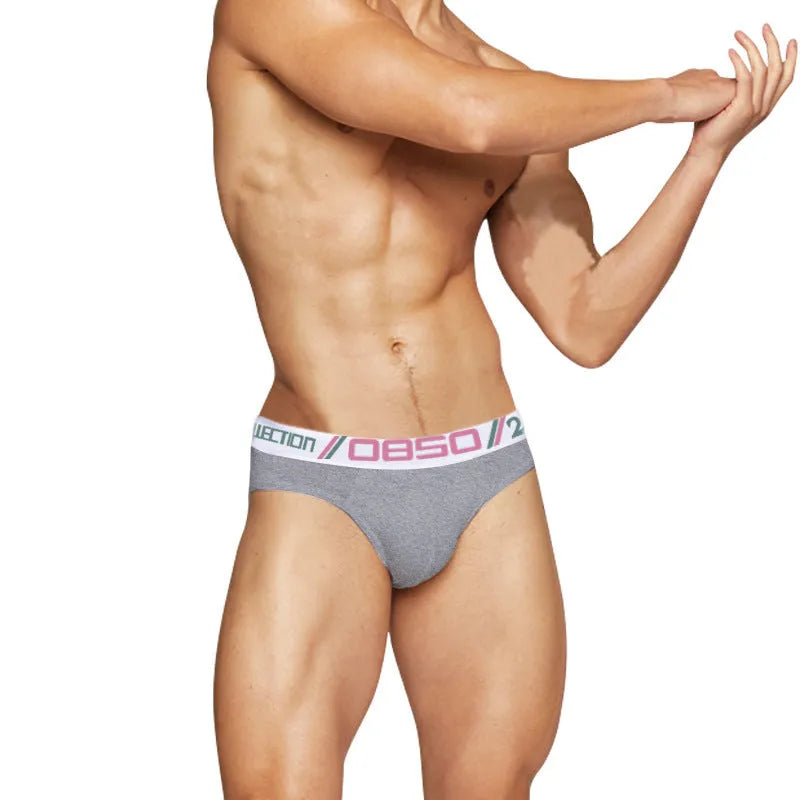 Men's cotton low waist briefs with wide belt in black, white, or gray, sizes M to XXL