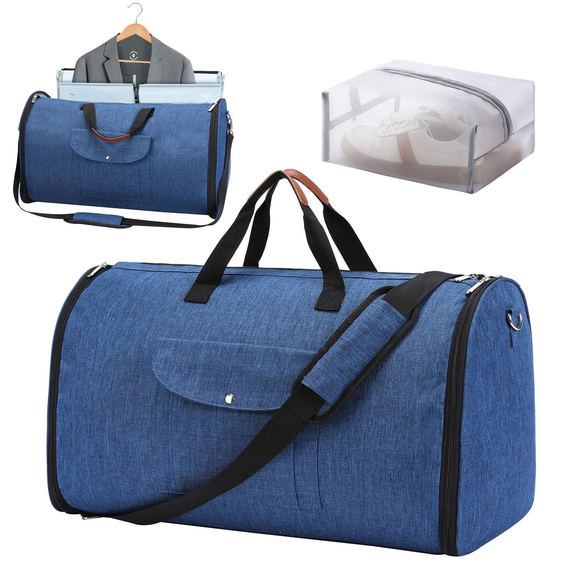 Foldable dark blue Oxford cloth duffel bag with 36-55 litre capacity for travel and gym