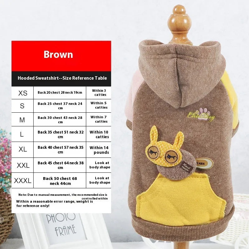 Brown cotton pet sweatshirt for a dog, showing sizes XS to 2XL available.