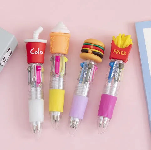 Four-colour press-action ballpoint pen with cartoon designs and 0.7mm bullet tip