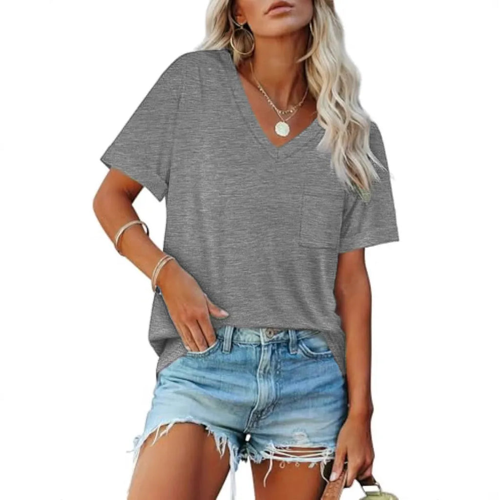 Grey loose-fit V-neck t-shirt with a chest pocket on a hanger.