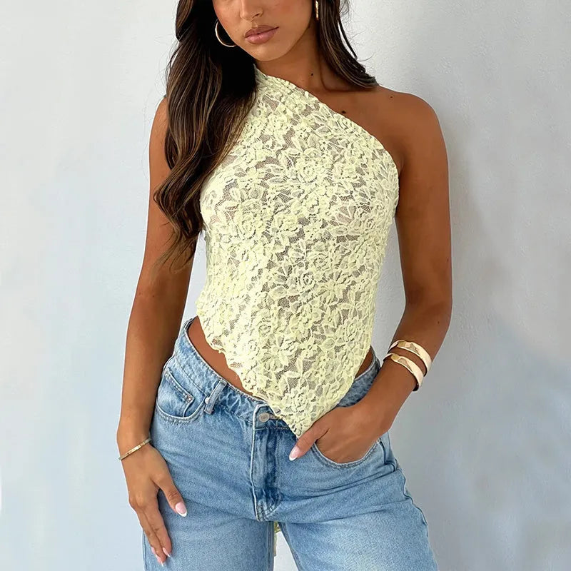 Women's sleeveless backless lace top with asymmetrical neckline in solid colour