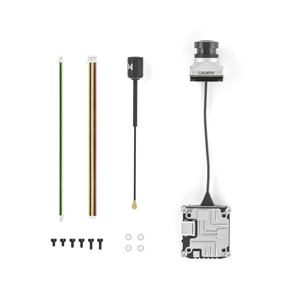Silver Caddx ADAPTS DJI FPV digital transmission unit with included screws, spacers, and wires.