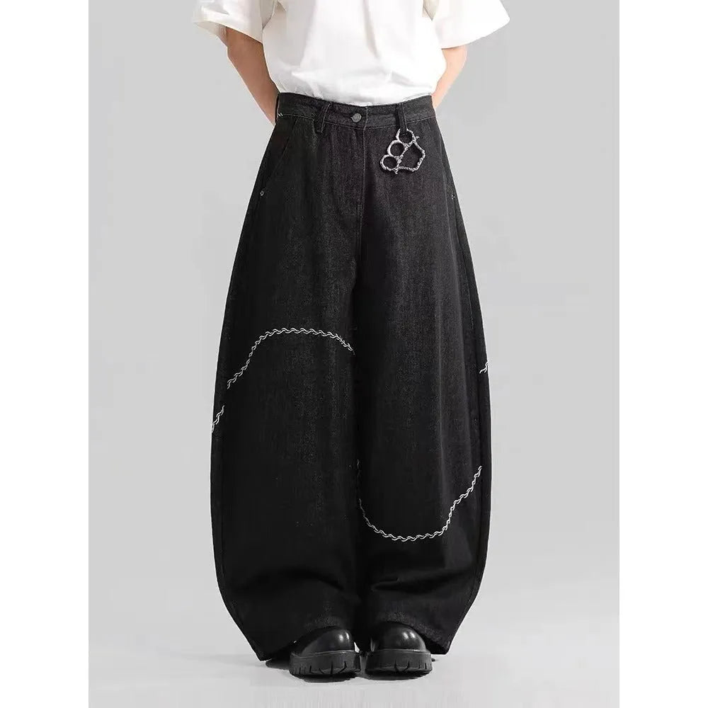 Black straight-leg denim trousers with mid waist design and zip placket closure for teenage daily wear