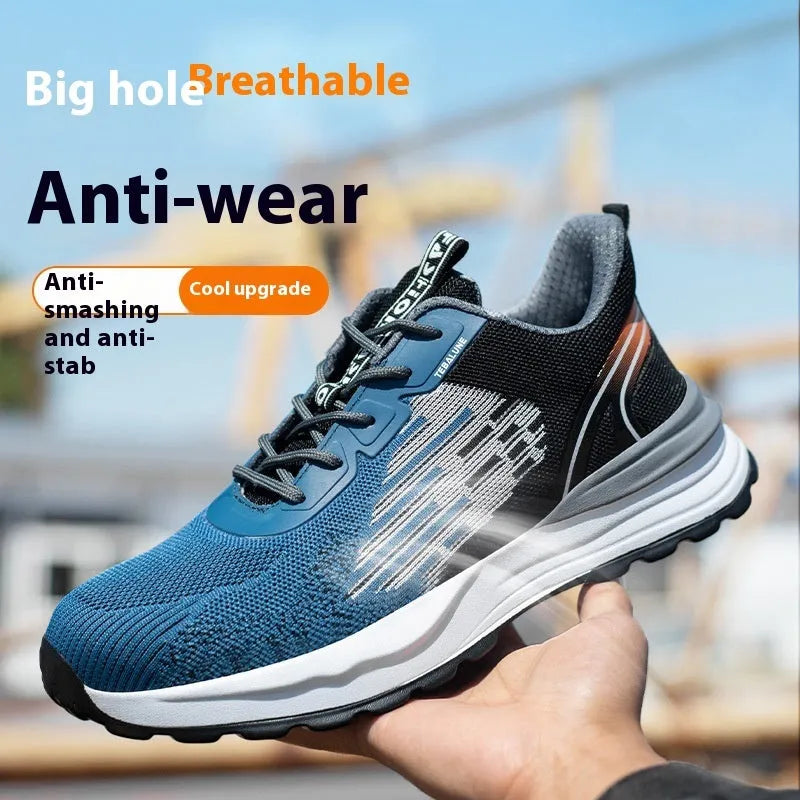 Blue men's safety work shoes with plastic toe cap, mesh upper, and lace closure