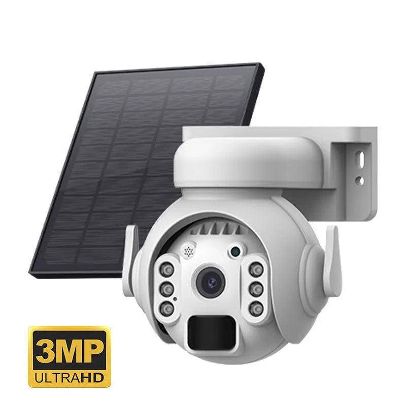 White solar-powered outdoor security camera with solar panel on top, mounted on a wall.