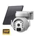 White solar-powered outdoor security camera with solar panel on top, mounted on a wall.
