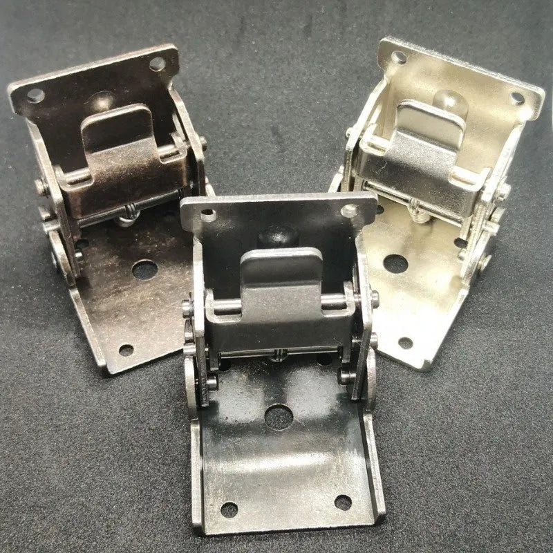 Furniture folding hinge with adjustable angle mechanism in various electroplated finishes including black bronze and nickel silver.
