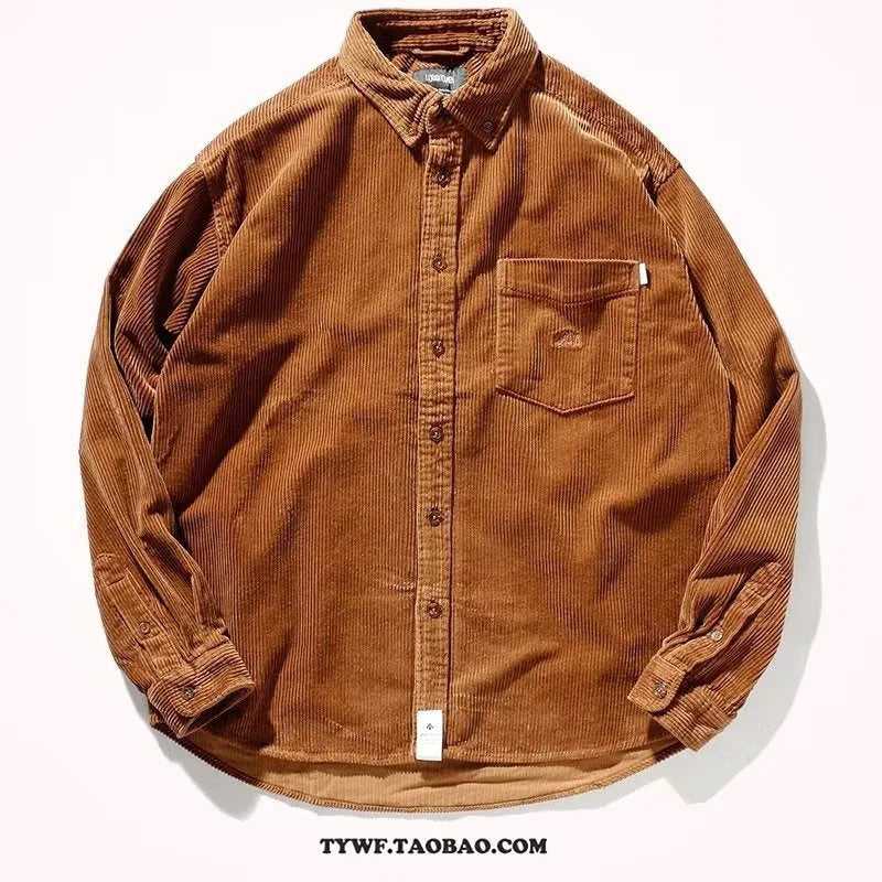 Caramel corduroy long sleeve shirt with loose Japanese Hong Kong style