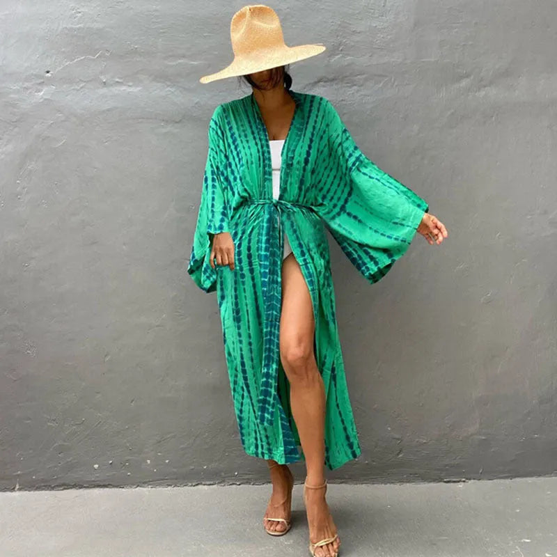 Women's long loose cotton beach cover-up shirt in printed DN0712 colour design.