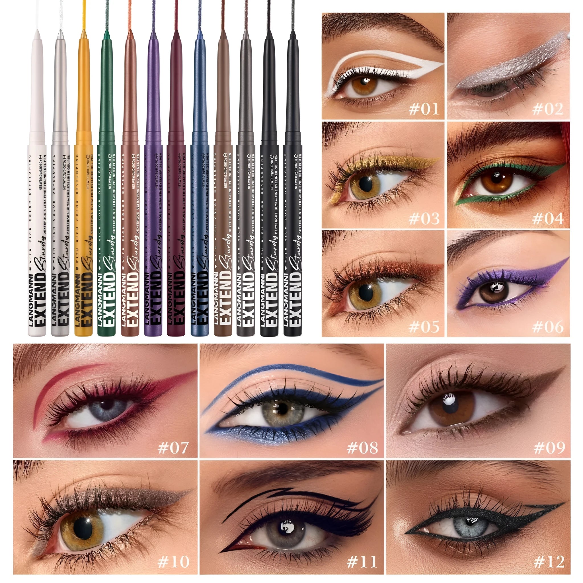 Set of 12 colourful gel glitter eyeliner pencils with various shades on white background