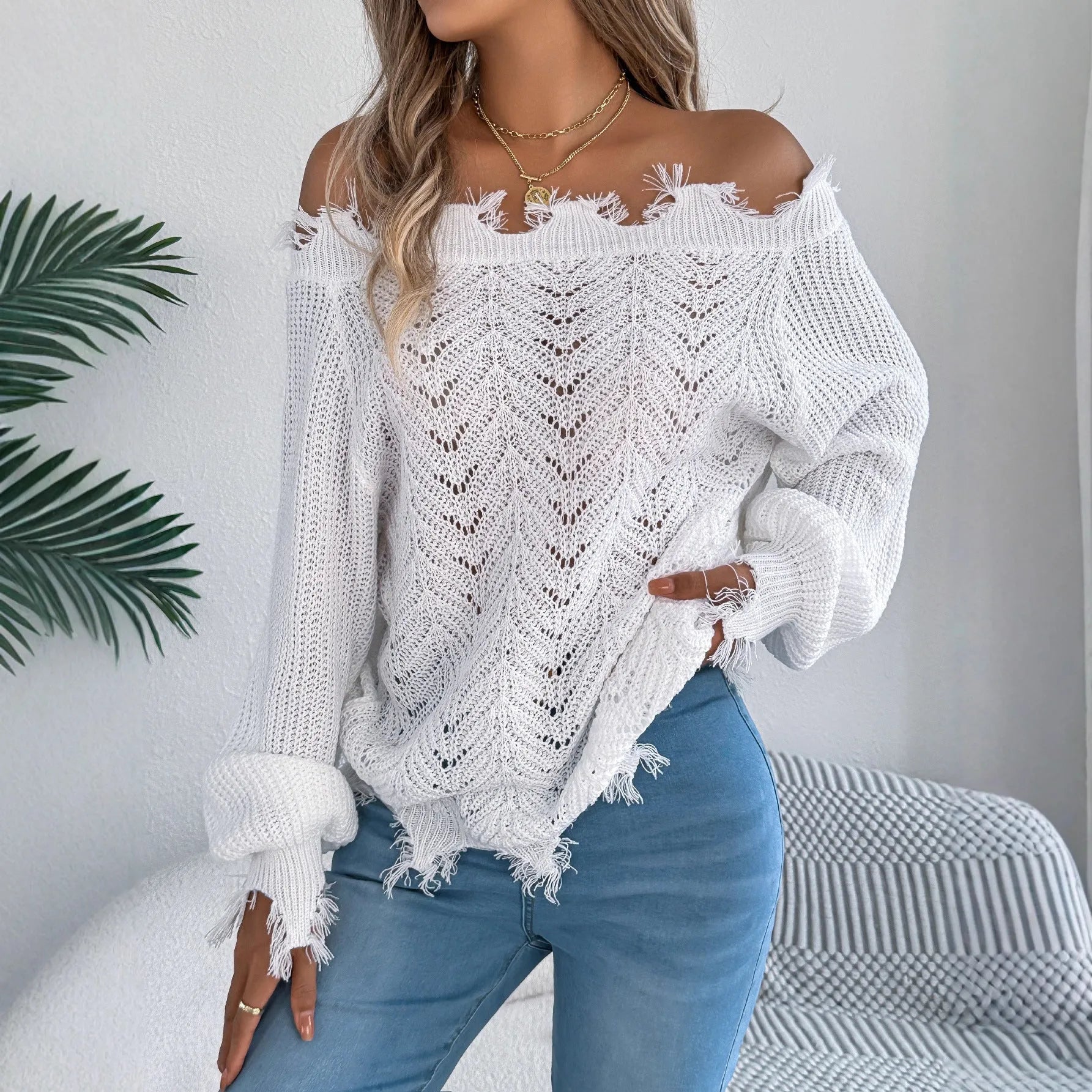 White hollow-out off-the-shoulder acrylic fibre pullover sweater with long sleeves