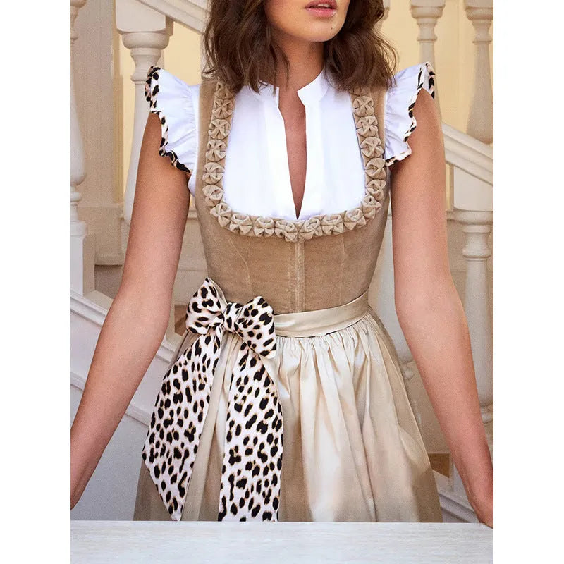Khaki German Oktoberfest style women's dress made from cotton polyester blend fabric.