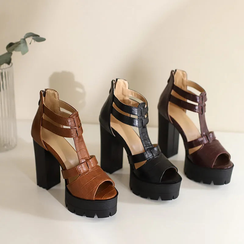 Casual platform high heel sandals with a back zipper, shown in black, wine red, and yellow colours.