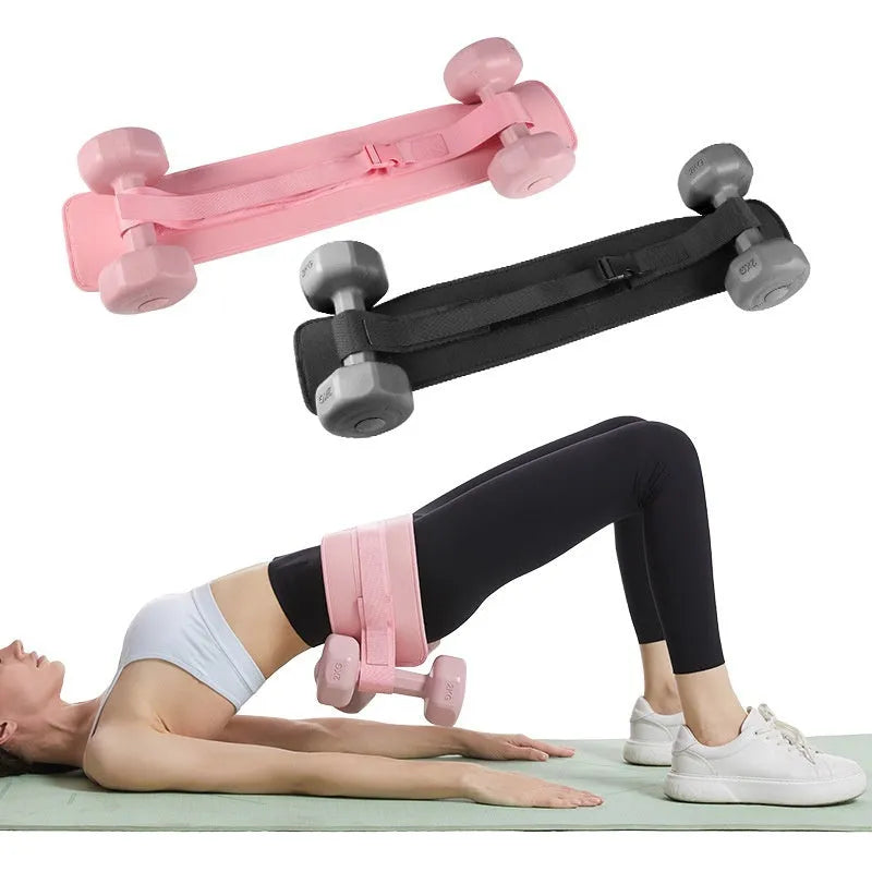 Black fitness belt for weighted hip bridge exercises with dumbbells