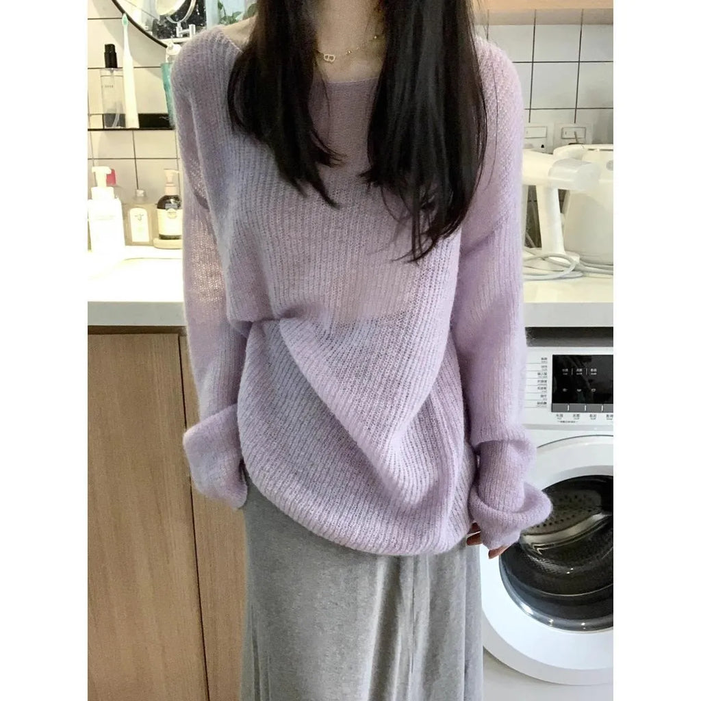 Purple women's ice silk blouse with round neck, princess sleeves, and a shoulder strap detail.