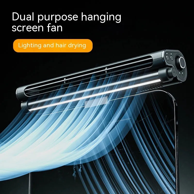 Black bladeless clip-on laptop fan with integrated lighting lamp showing USB cable and screen attachment mechanism