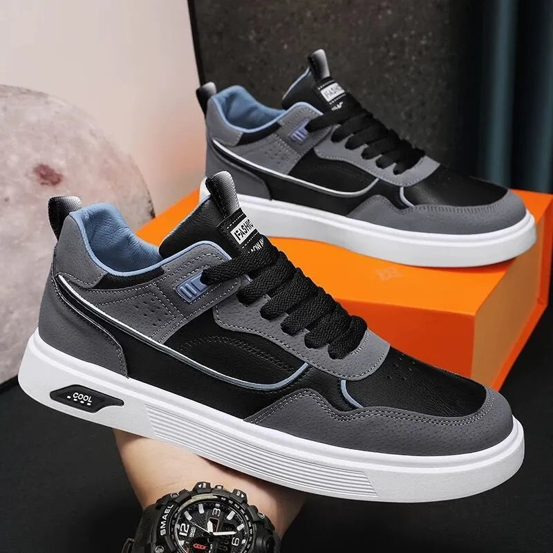Men's canvas board shoes in black with mesh lining and leather stitching details