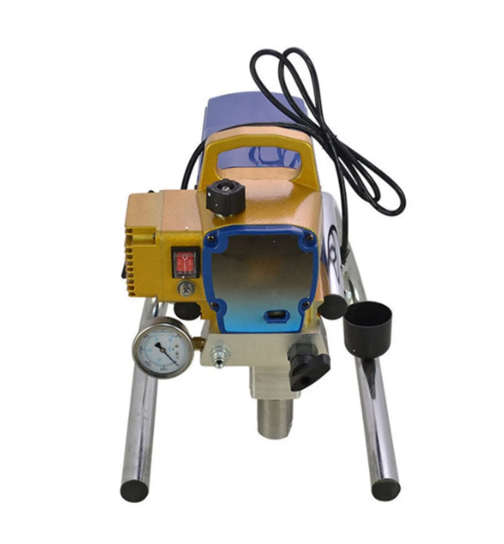 Blue portable electric airless spraying machine with spray gun and accessories for painting projects