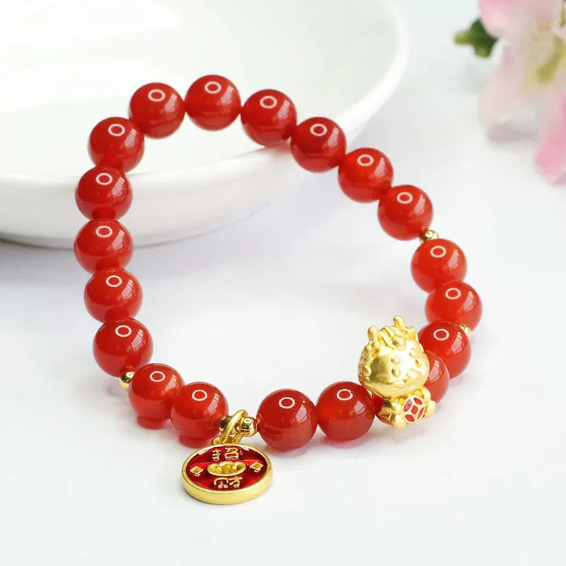 Red agate dragon zodiac bracelet with 8mm round beads and adjustable knot closure