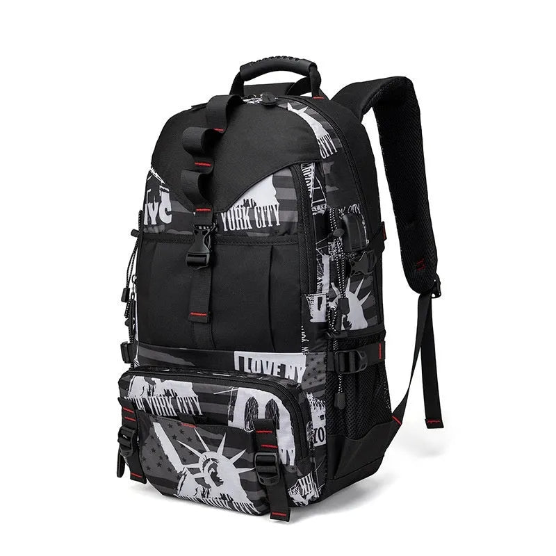 Men's waterproof Oxford cloth hiking backpack in camouflage colour with multiple compartments and air pillow belt system