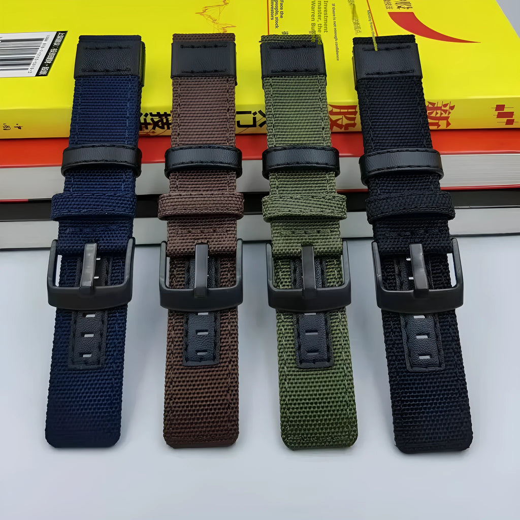 Oxford cloth replacement watch strap shown in multiple colour options including camouflage, black, and army green.
