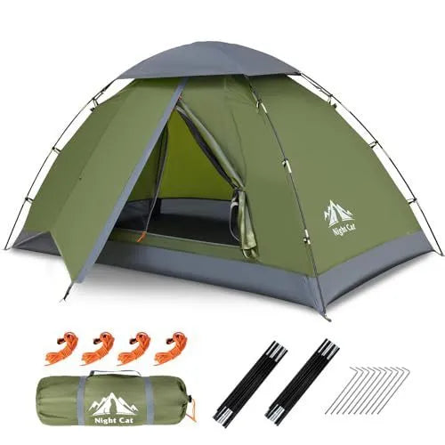 Dark green automatic pop-up camping tent with silver rainfly showing compact two-person dimensions