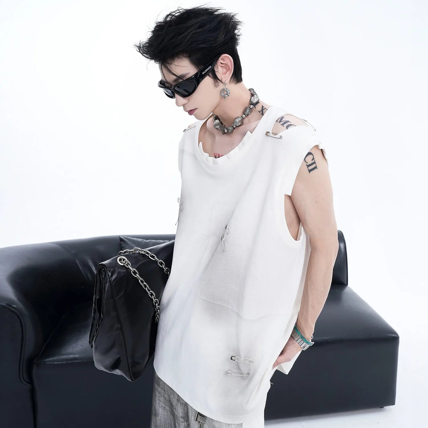 Men's black waistcoat vest with ripped irregular cutting piece design and round neck collar