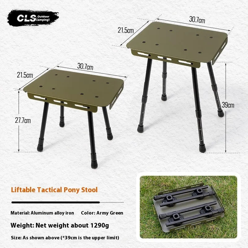 CLS aluminium folding camping stool with PU mat cushion, shown converted into a small side table.