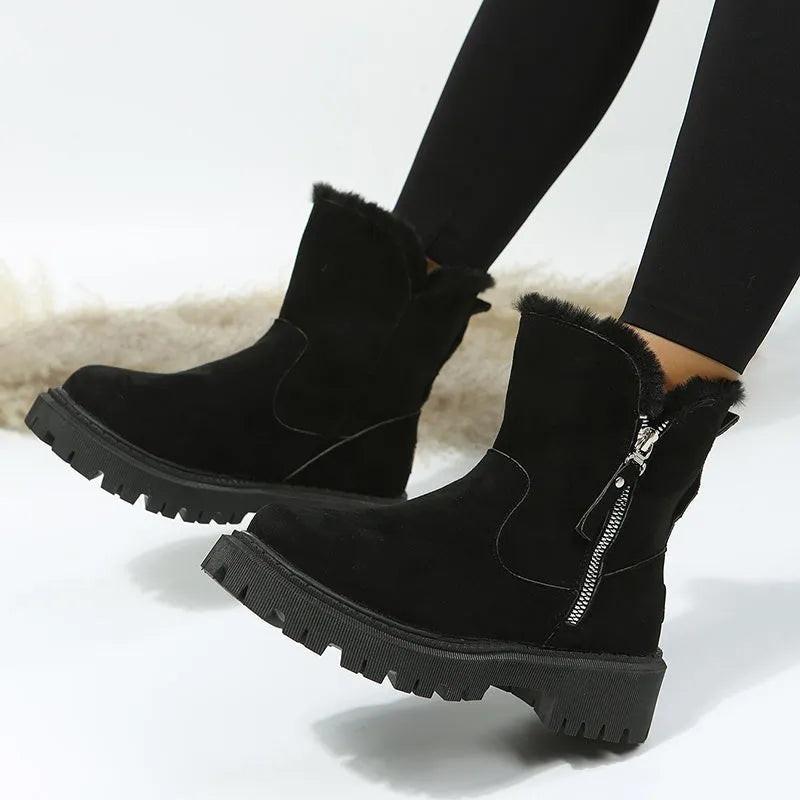 Women's black thick plush snow boots with side zipper, faux suede upper, and non-slip rubber sole.