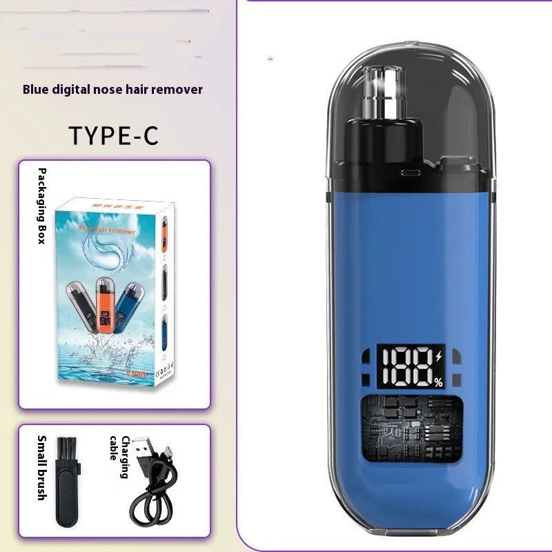 Rechargeable nose hair trimmer with digital display, removable cutter head, and cleaning brush