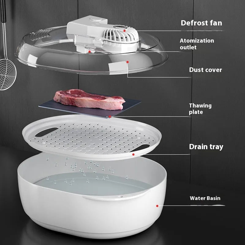 A modern aluminium household defrosting plate with a USB cable on a kitchen worktop.