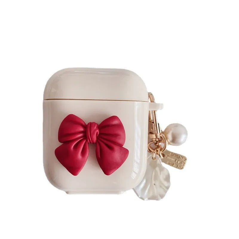 Beige red bow shell TPU clamshell case for AirPods Pro and other models