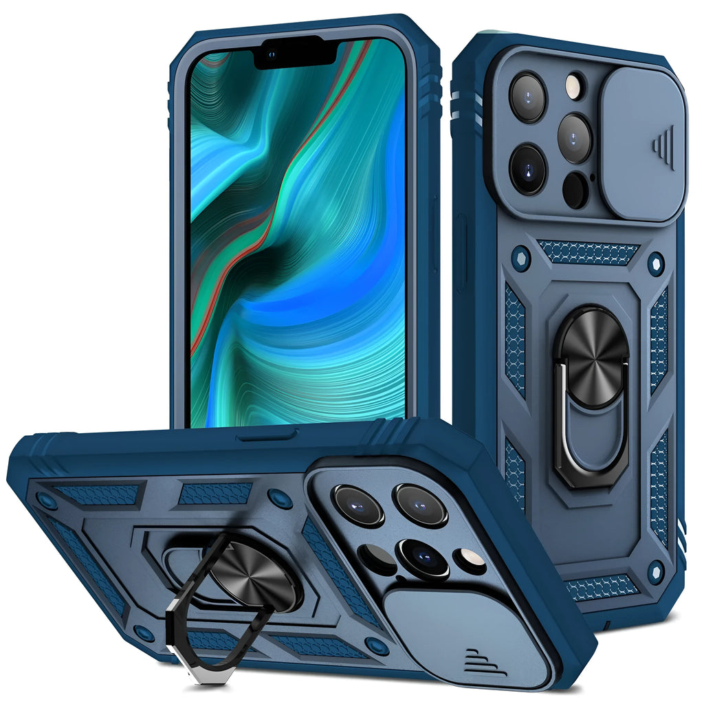 Magnetic iPhone case with extended sliding bracket showing grey green and pink two-tone colour combination