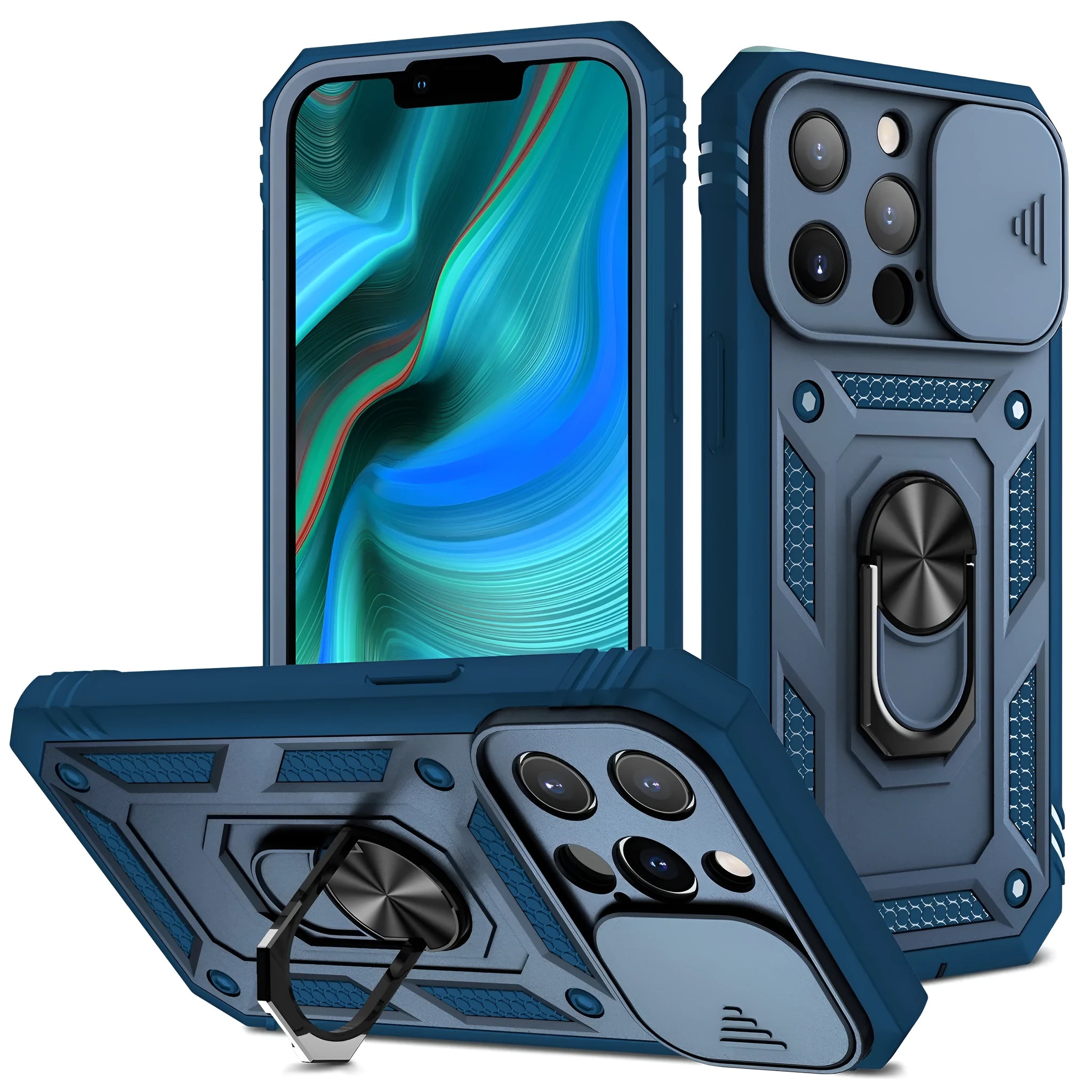 Magnetic iPhone case with extended sliding bracket showing grey green and pink two-tone colour combination