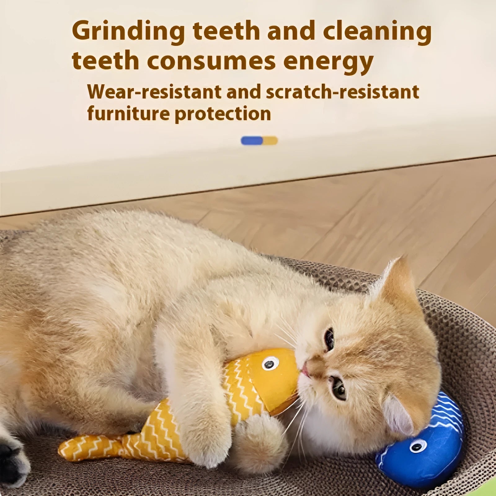Red, yellow, and blue catnip-filled fish toys in large and medium sizes on a white background.