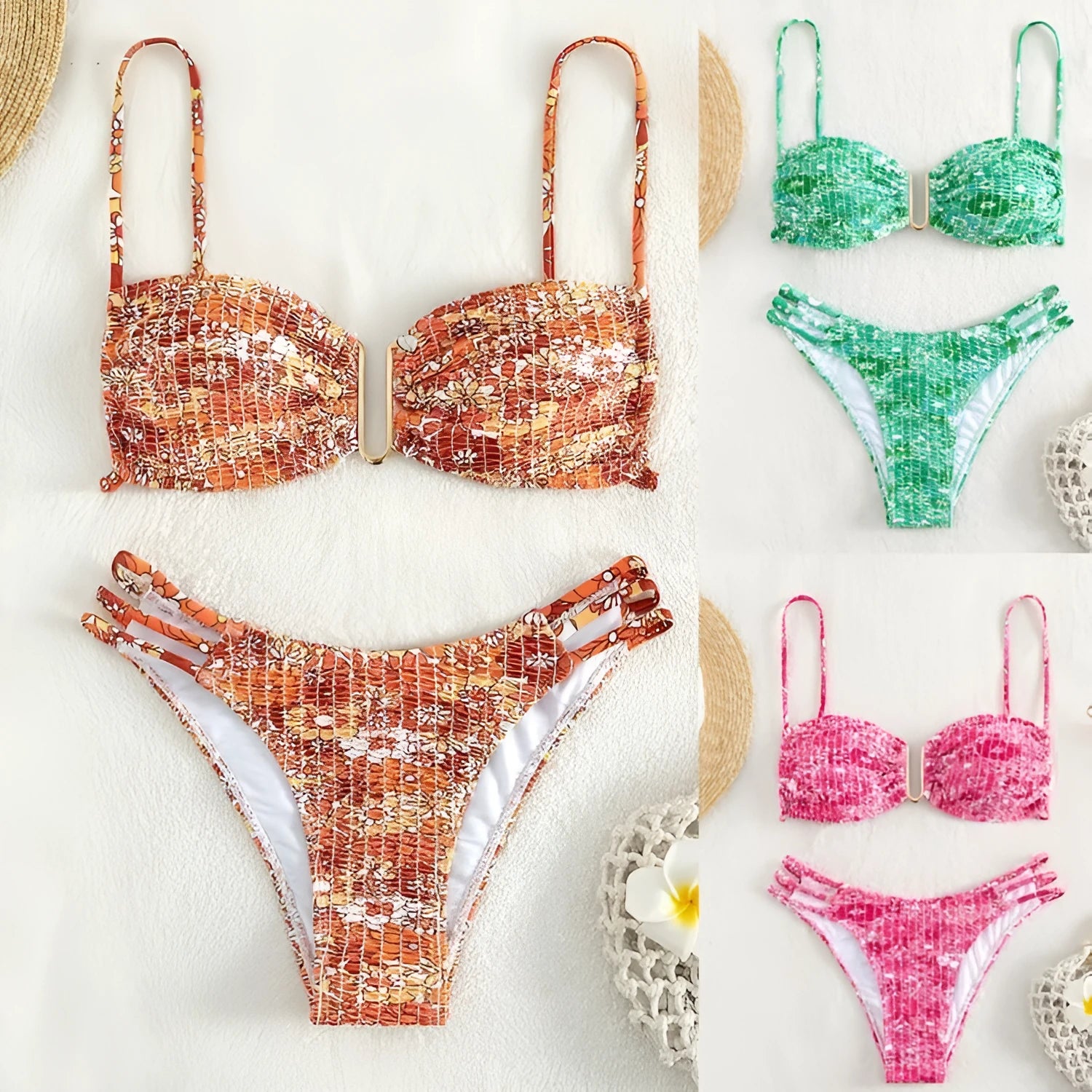 Women's high-waisted floral bikini swimsuit in blue, orange, pink, or rose red.