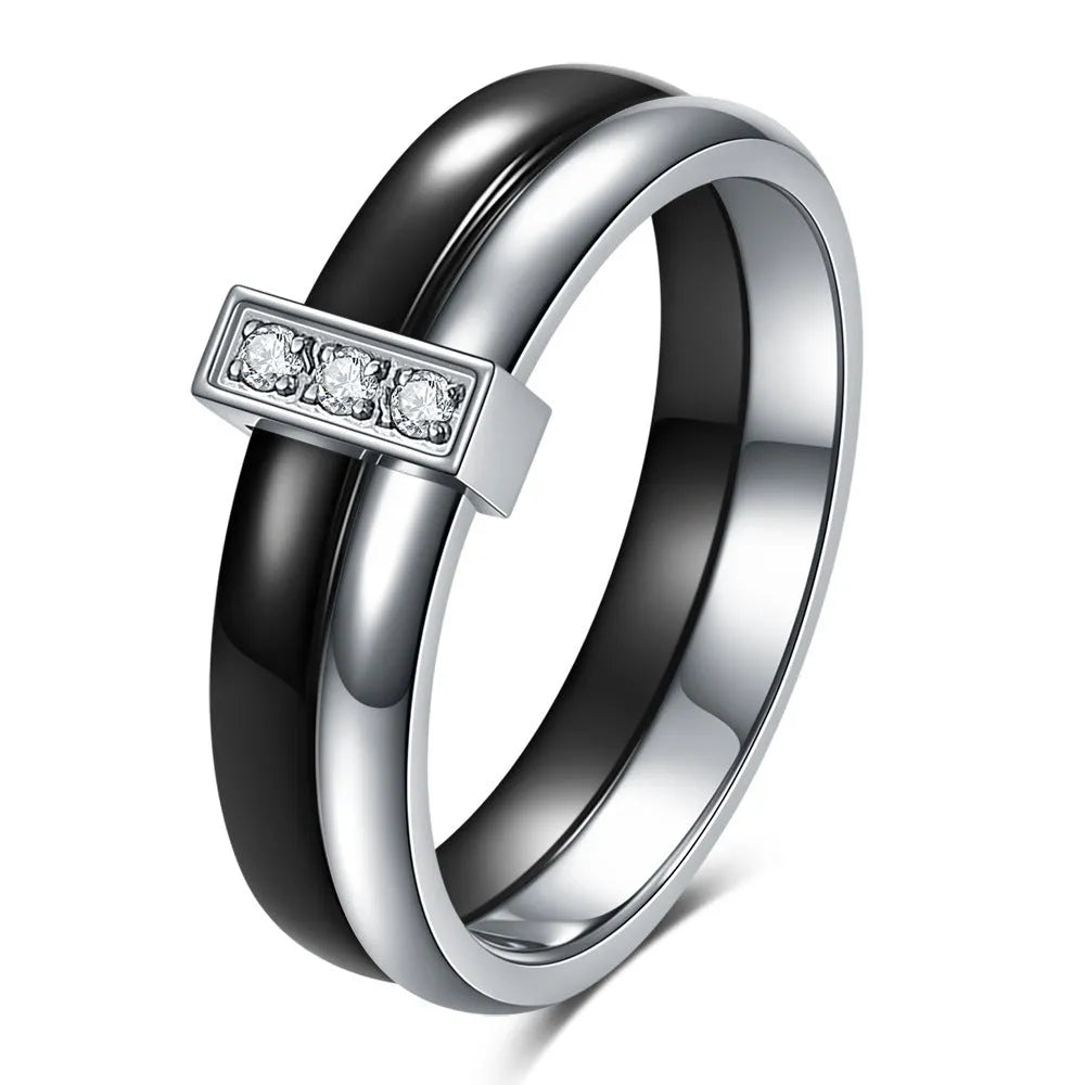 Ceramic ring with glossy stitching and inlaid zirconium in steel black or gold white colour, 6mm geometric shape