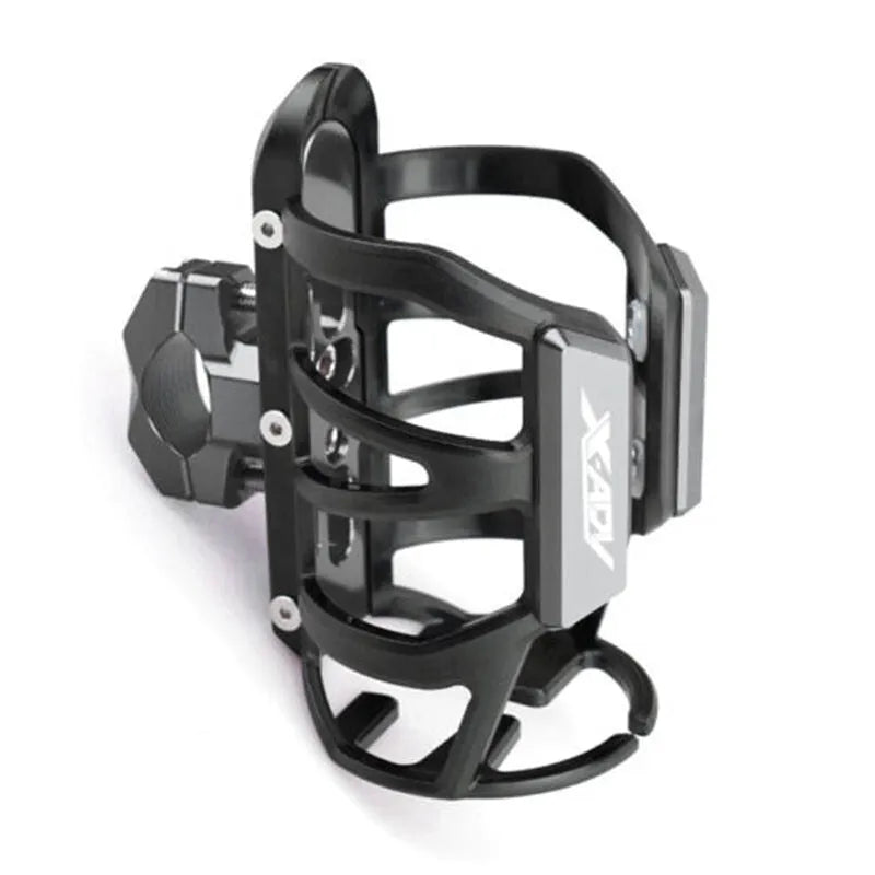 Black water bottle cage mounted on the bumper of a Honda X-ADV scooter